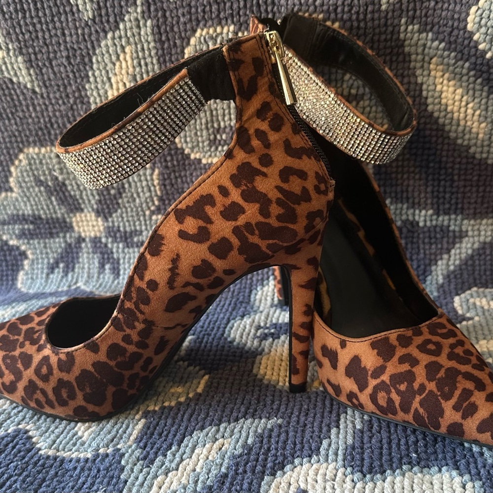 Dollhouse Leopard Print Rhinestone Ankle Strap Heels